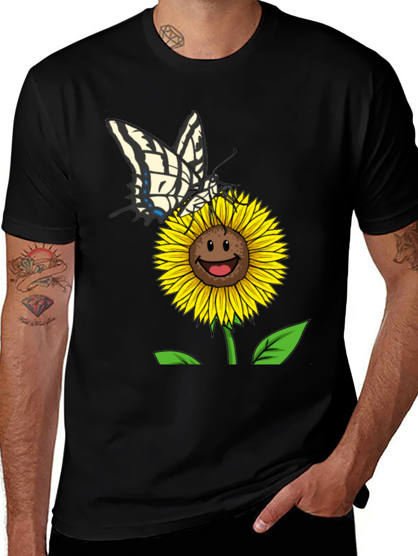 Variant 10 of Sunflower and Butterfly Black T-Shirt