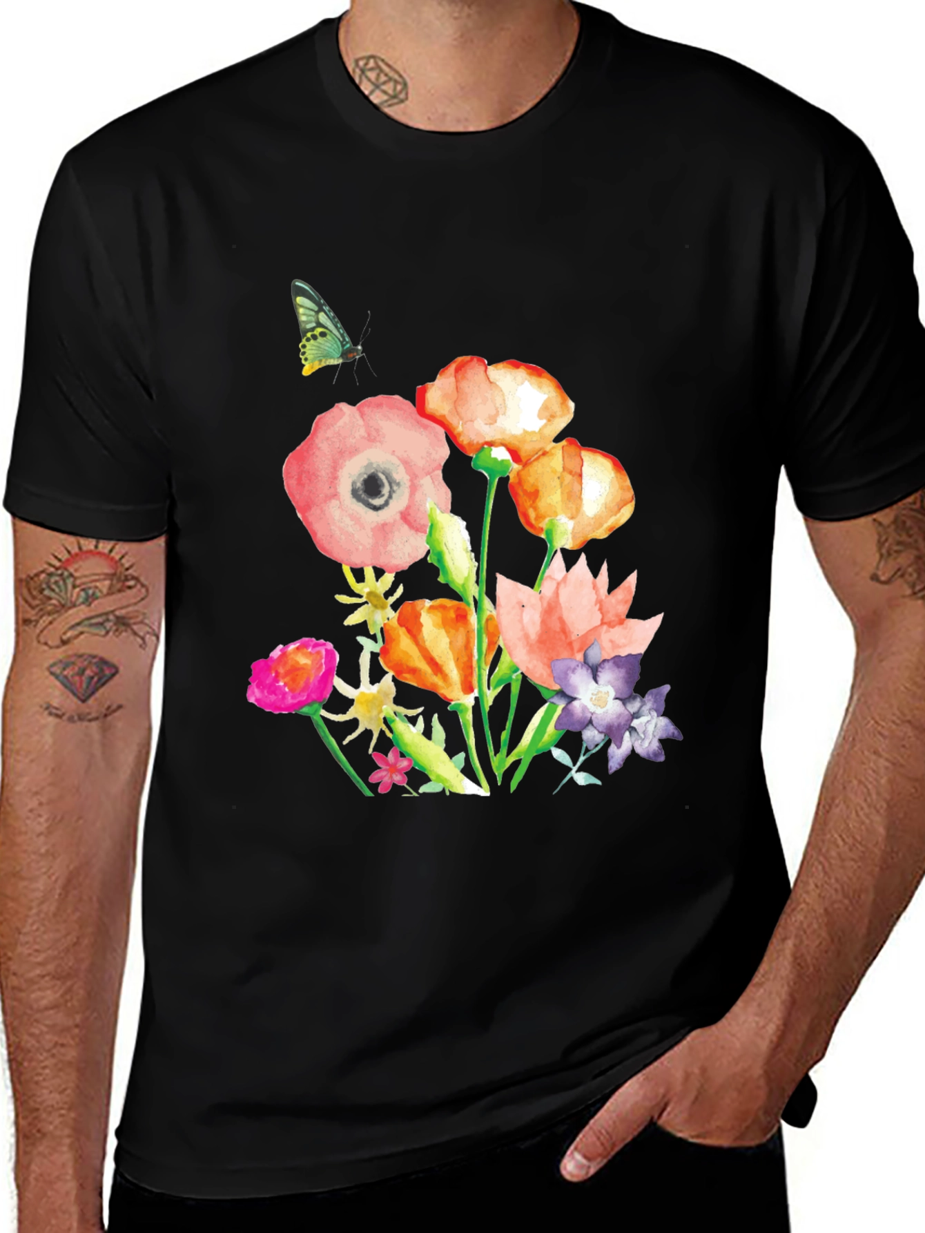 Variant 4 of Floral T-Shirt - Butterfly Accent Black Crew Neck