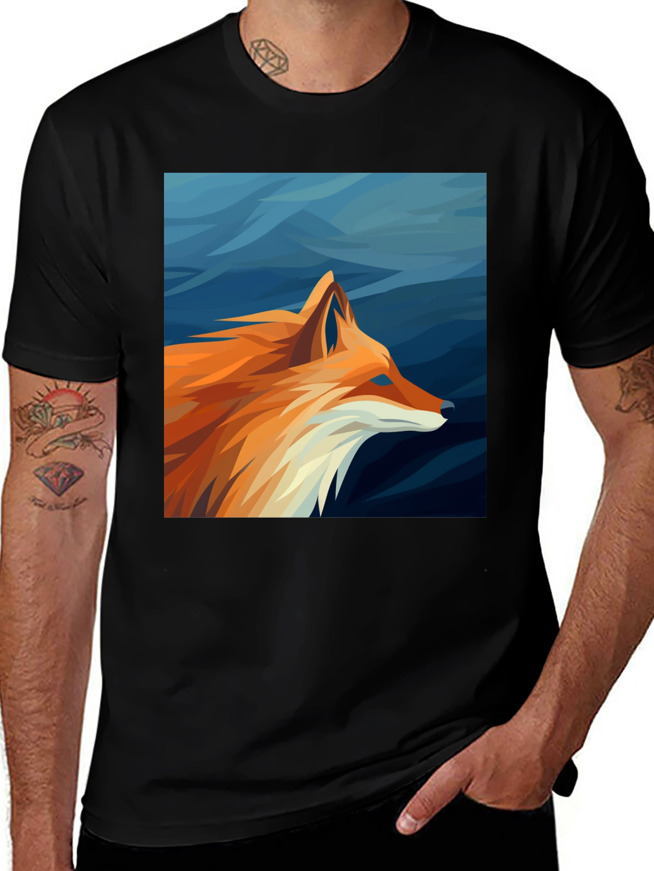 Variant 6 of Geometric Fox Graphic Tee - Black Cotton Comfort
