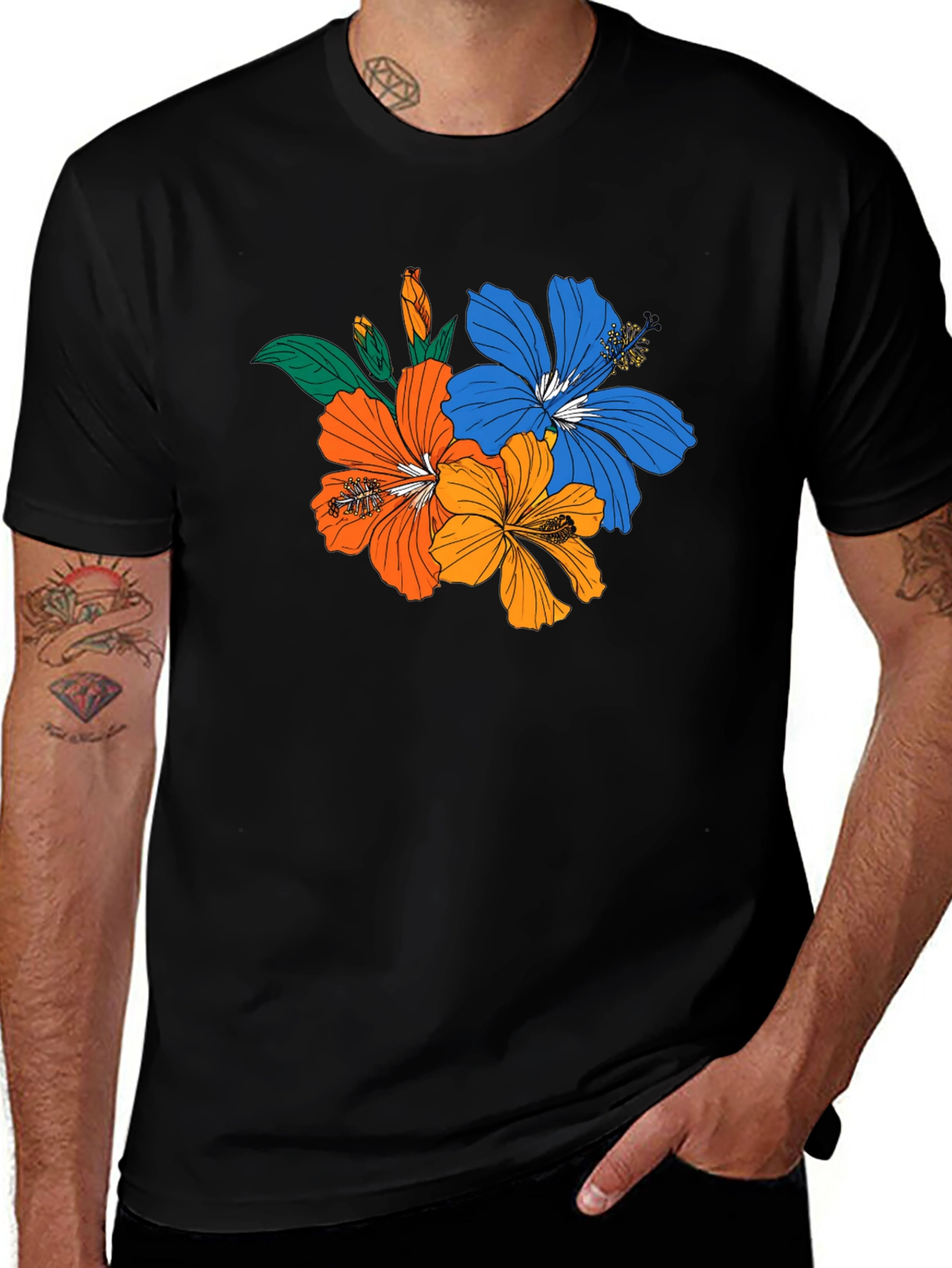 Variant 9 of Floral Print Black T-Shirt - Tropical Hibiscus Design