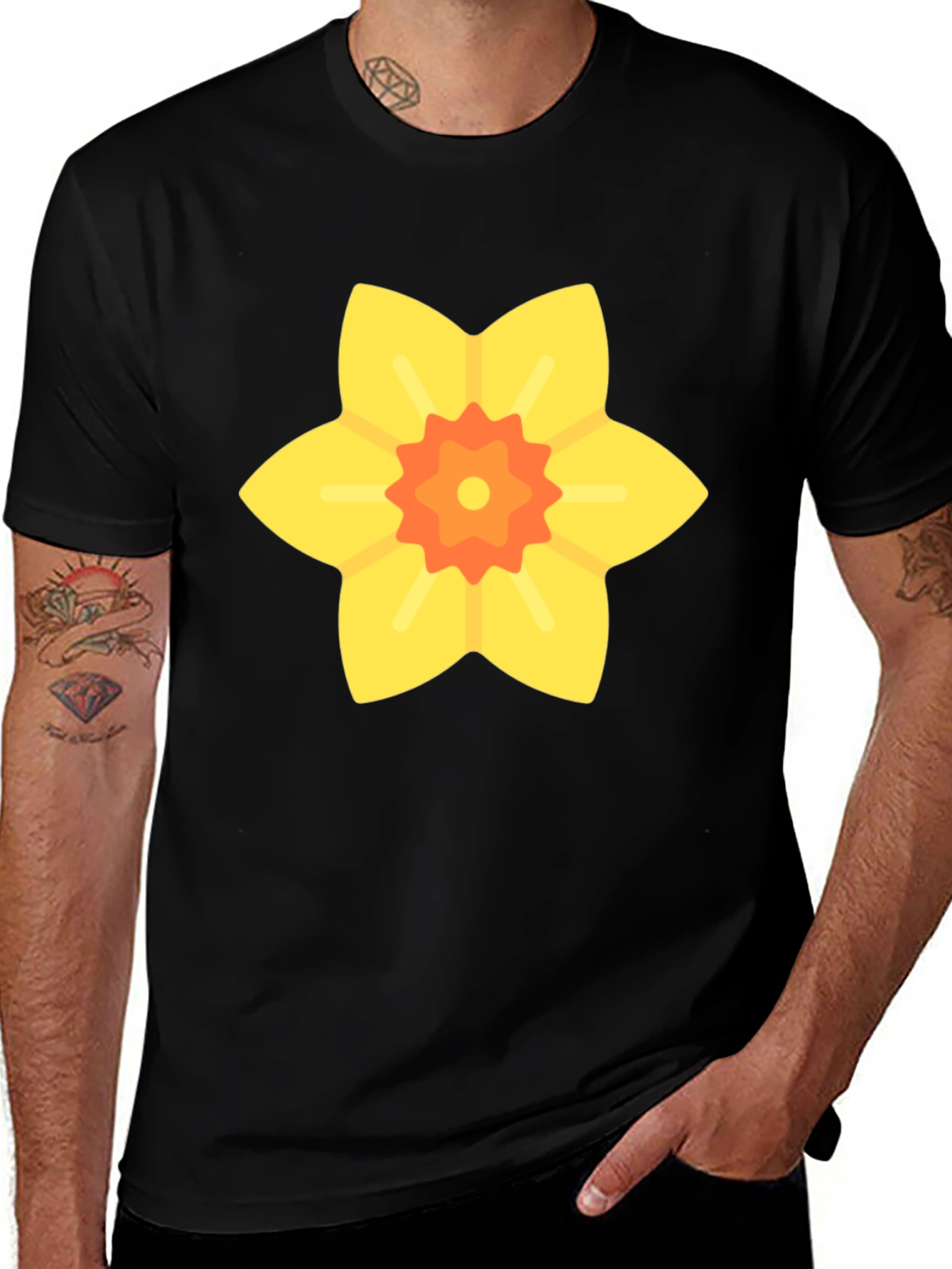 Black T-Shirt with Yellow Daffodil Flower Design