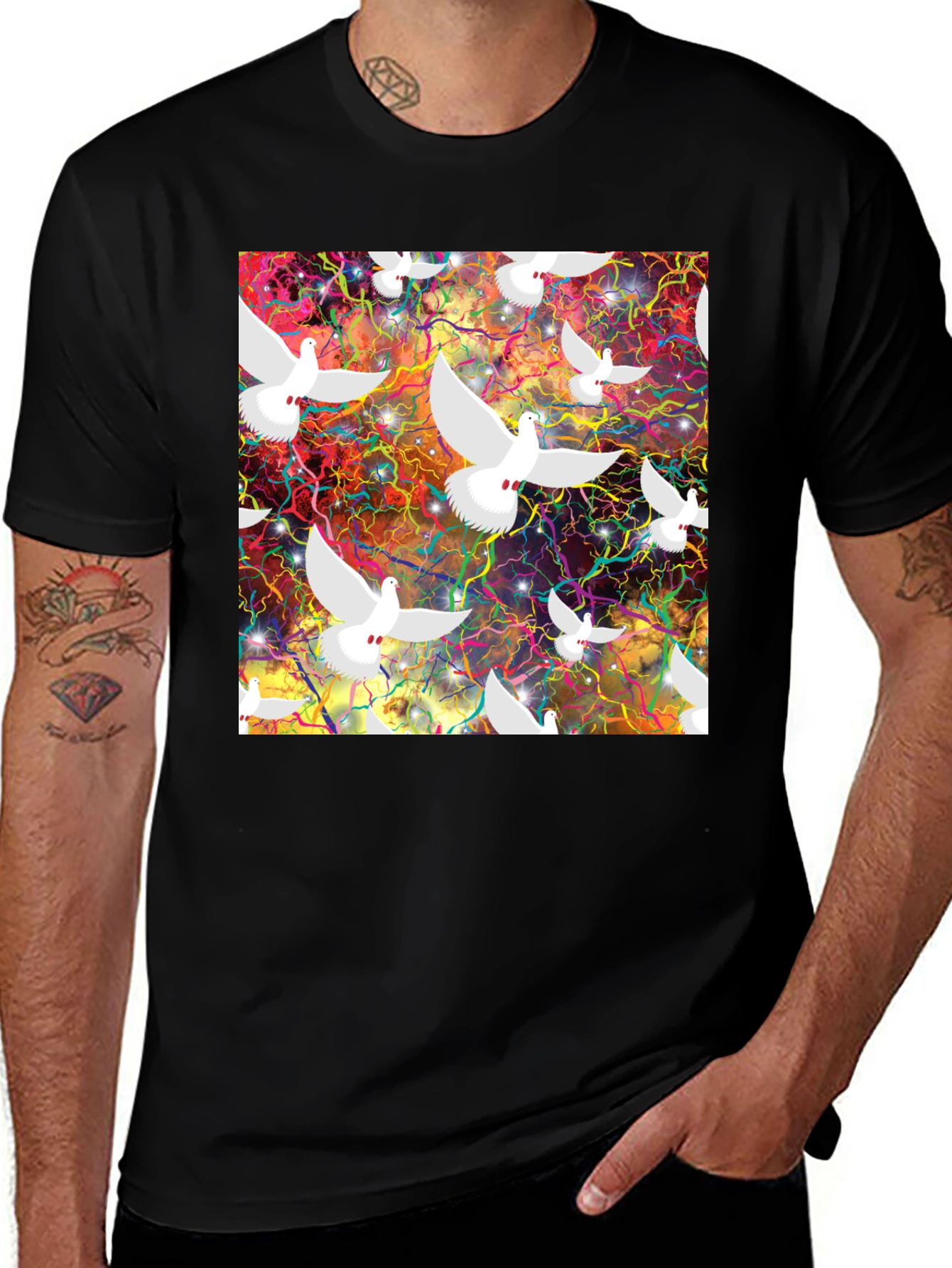 Variant 4 of Doves in Space Graphic Tee - Black T-Shirt