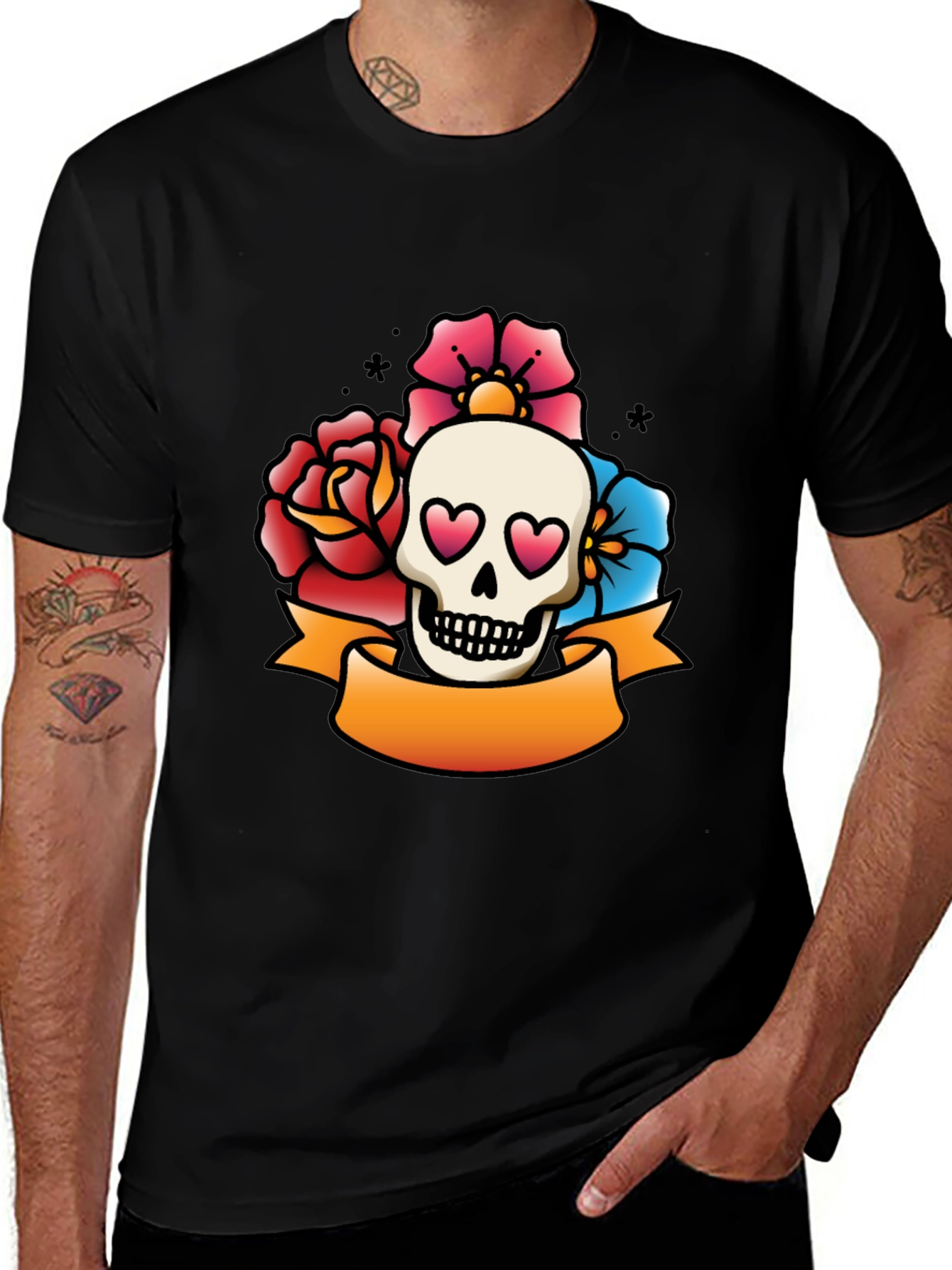 Variant 6 of Skull & Flowers Tattoo Style Graphic T-Shirt