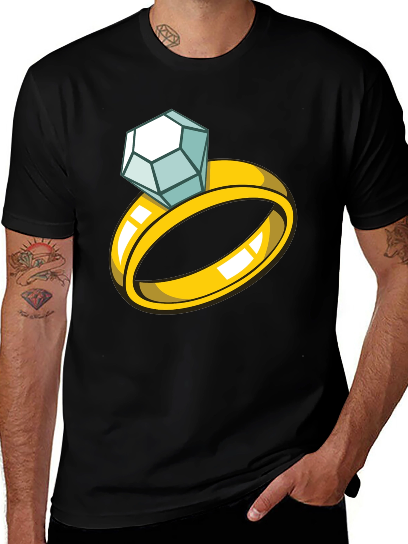 Cartoon Diamond Ring Graphic Tee - Black T-Shirt