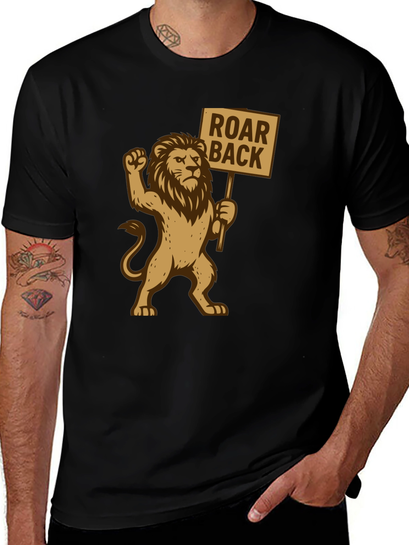 Variant 3 of Roar Back Lion Graphic T-Shirt - Black Cotton Tee