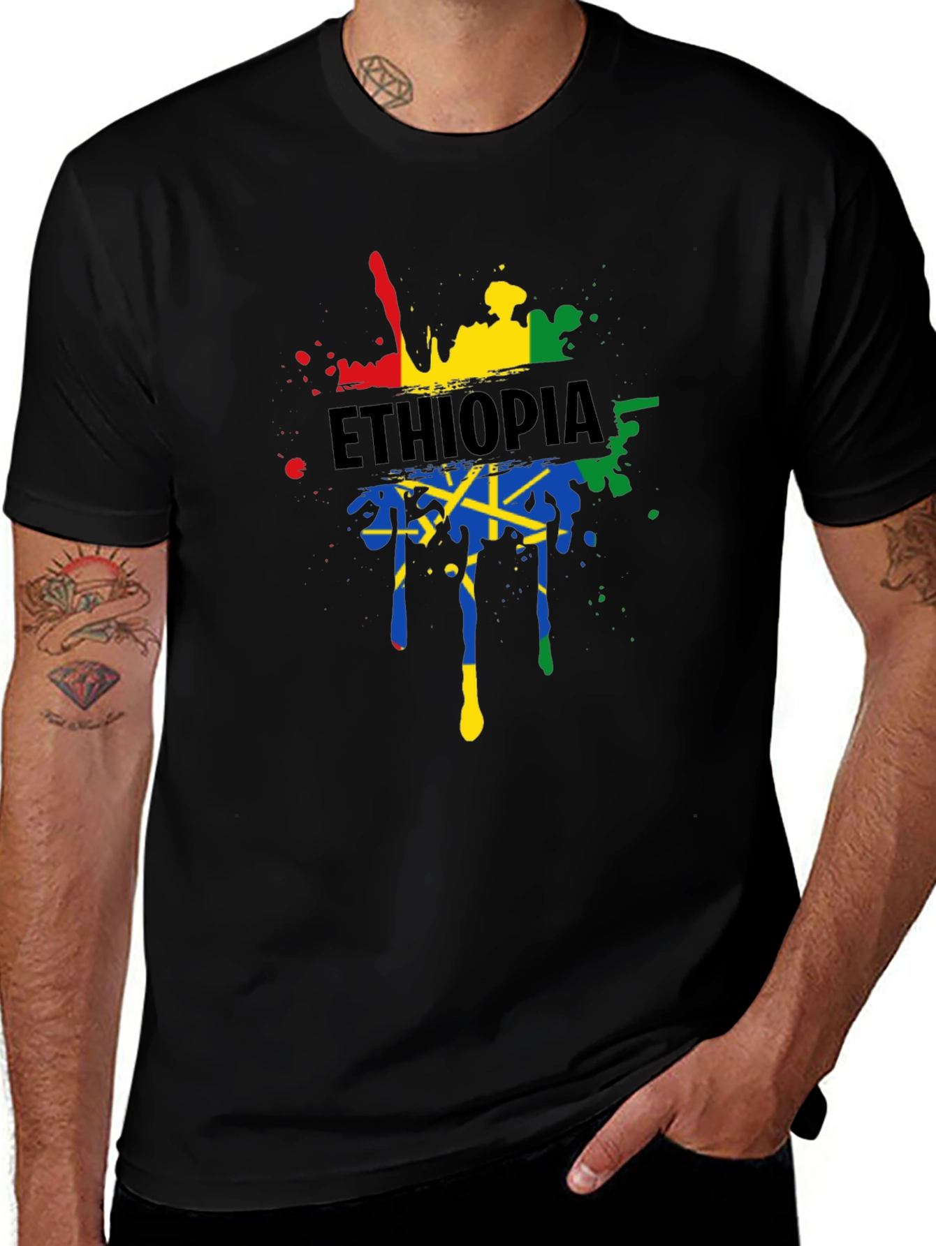 Variant 26 of Ethiopia Flag Splatter Print Black T-Shirt
