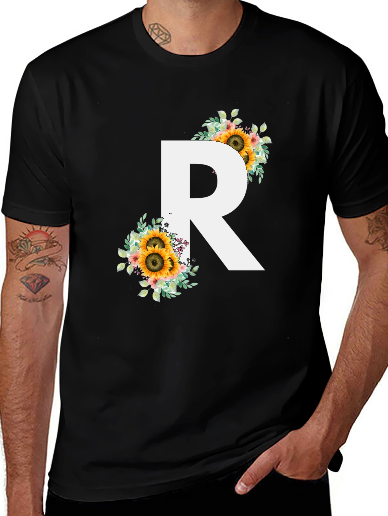 Floral Initial R Black T-Shirt