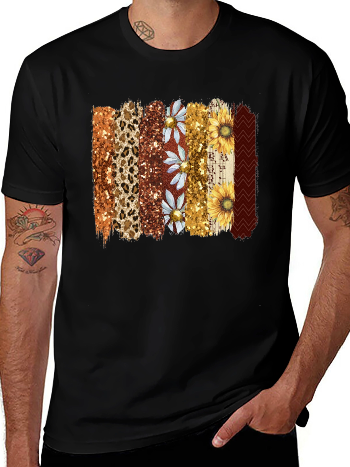 Variant 20 of Floral Leopard Print Stripe Men's Black T-Shirt