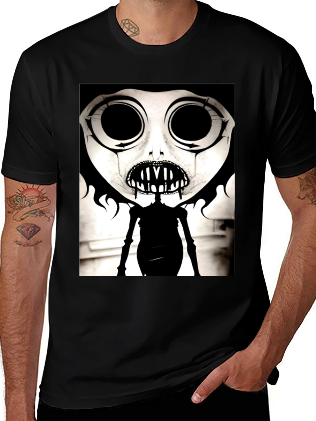 Black Creepy Cartoon Character Graphic Tee - Black main image