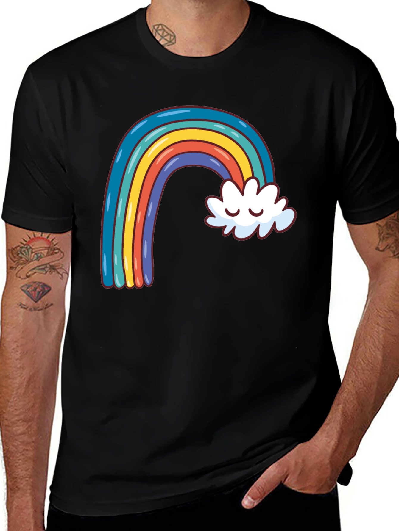 Variant 27 of Rainbow & Cloud Graphic Tee - Black Cotton Casual Shirt