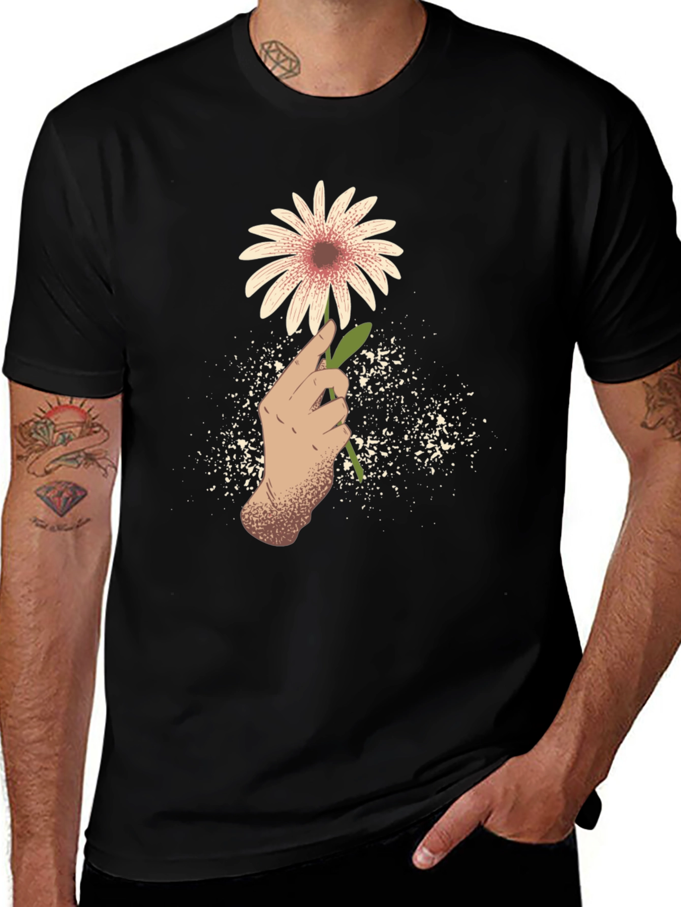 Variant 23 of Daisy Graphic Tee - Hand Holding Flower Black T-Shirt
