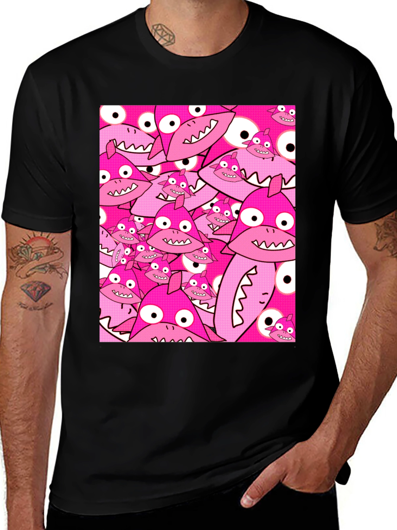 Variant 28 of Pink Shark Pattern Black T-Shirt