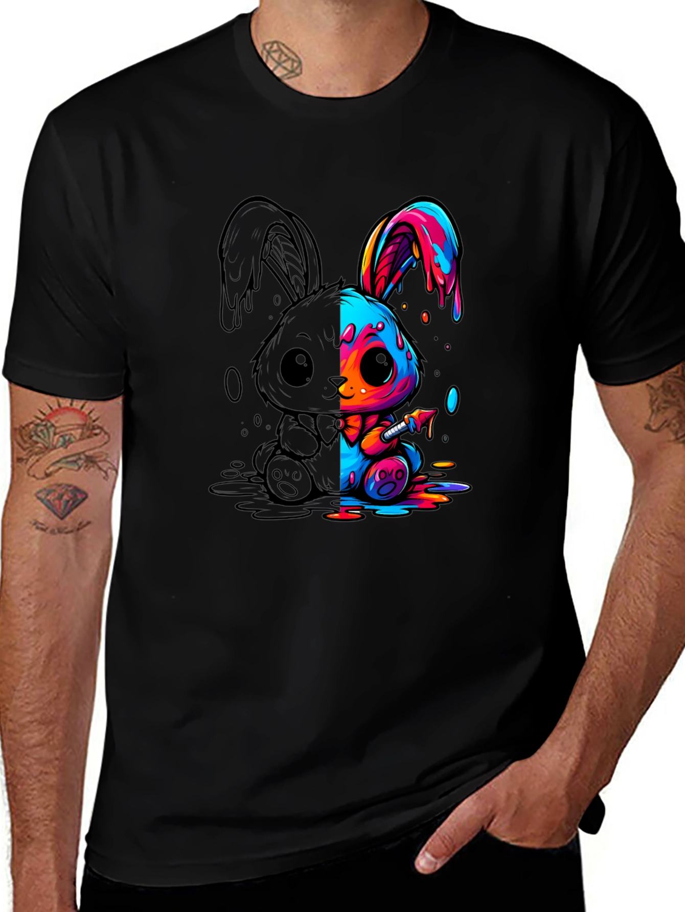 Variant 2 of Colorful Bunny Graphic Black Tee