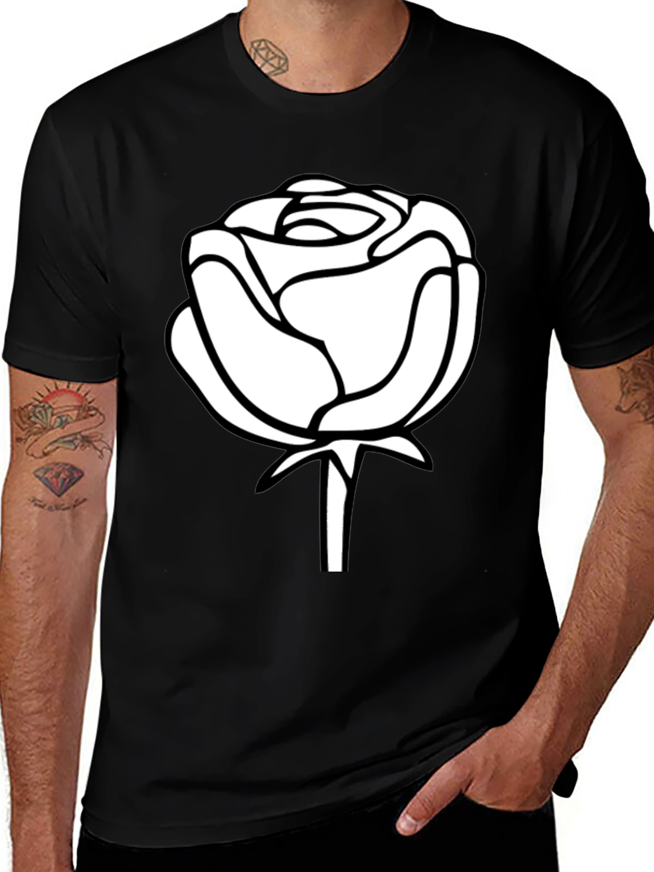 Black Black T-Shirt with White Rose Design main image