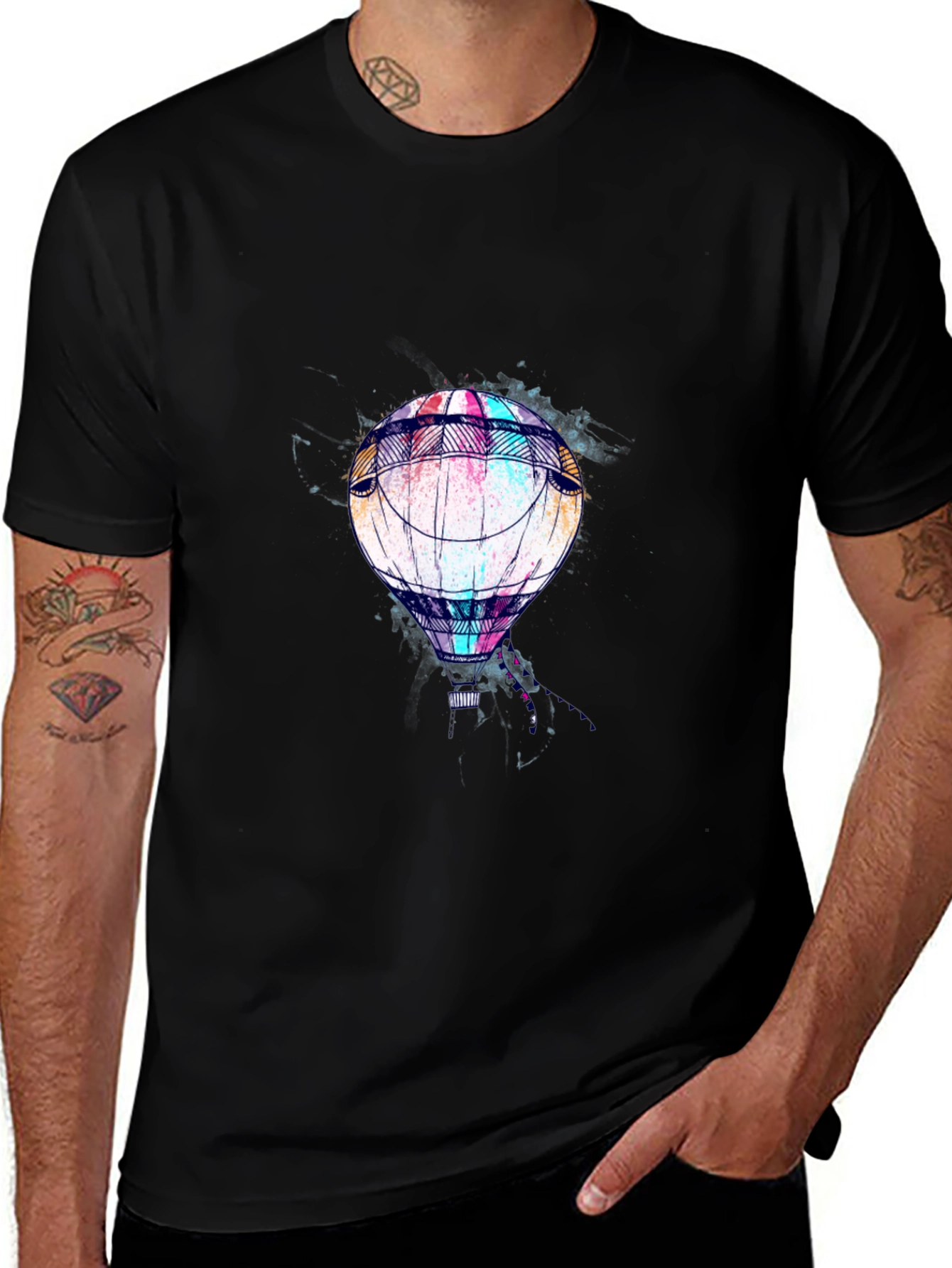 Men's Black T-Shirt with Hot Air Balloon Graphic