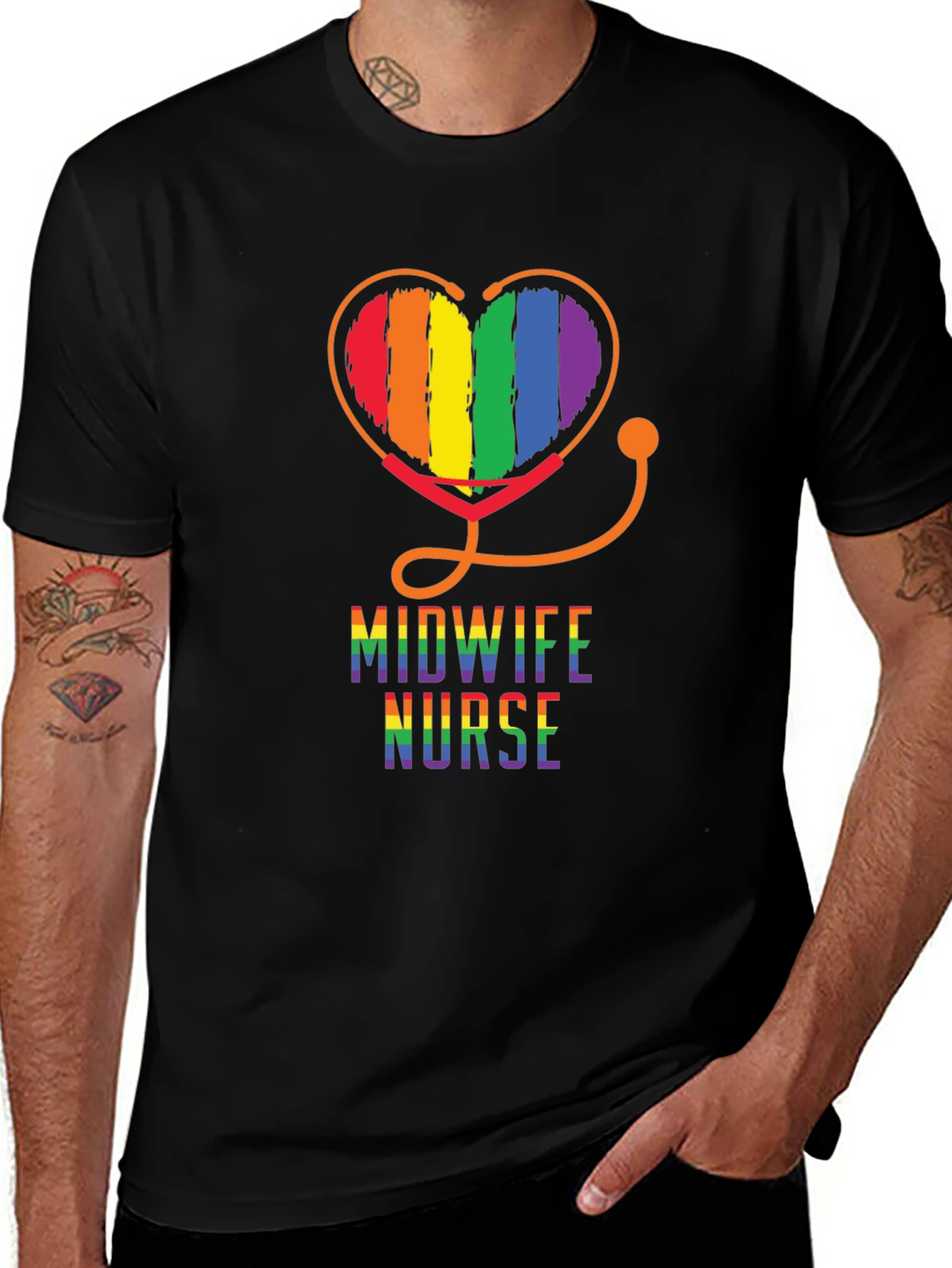 Midwife Nurse Rainbow Heart Stethoscope T-Shirt