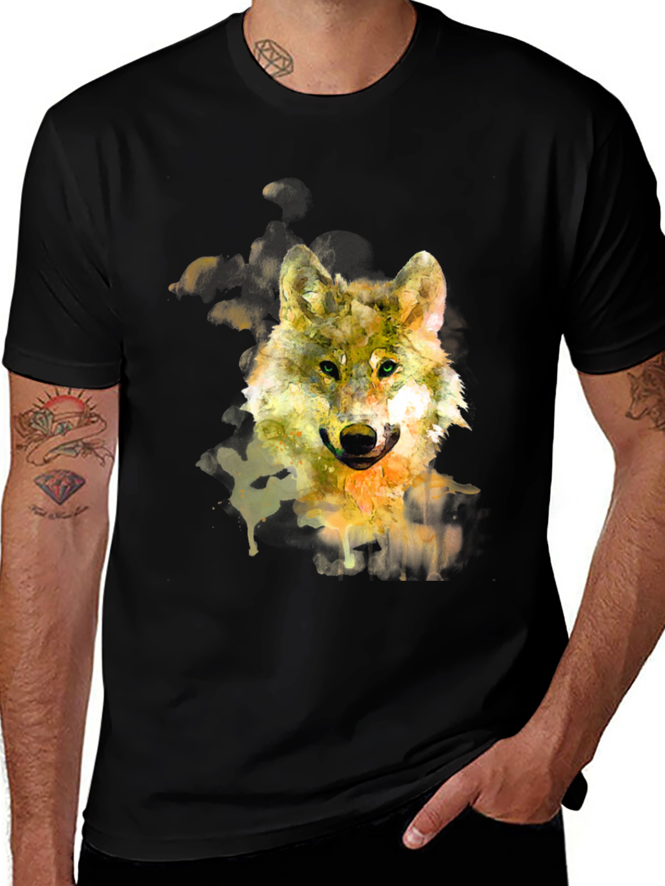 Variant 16 of Wolf Watercolor Graphic Tee - Unisex Black T-Shirt