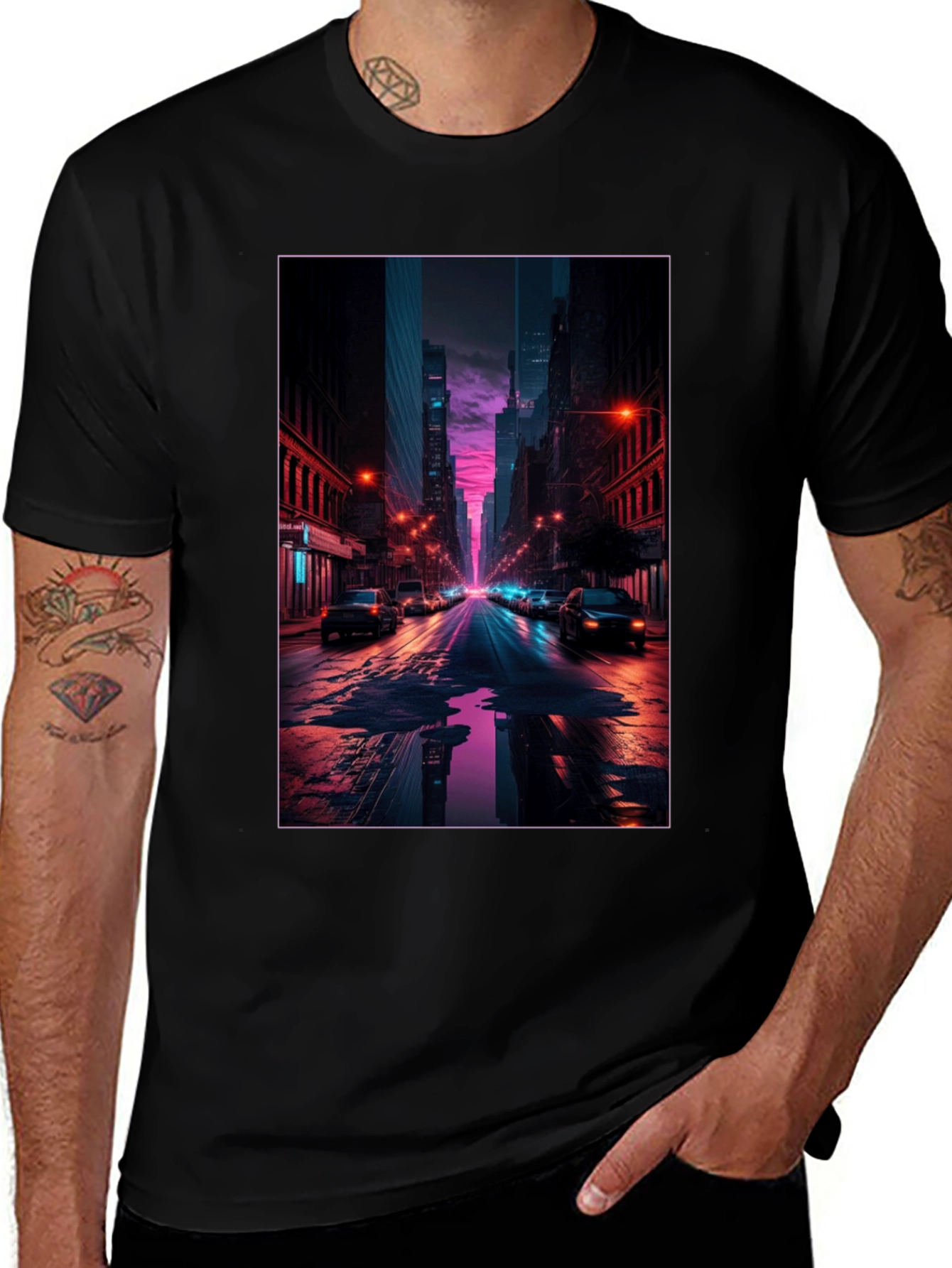 Variant 8 of Urban Noir T-Shirt: Cityscape in Neon