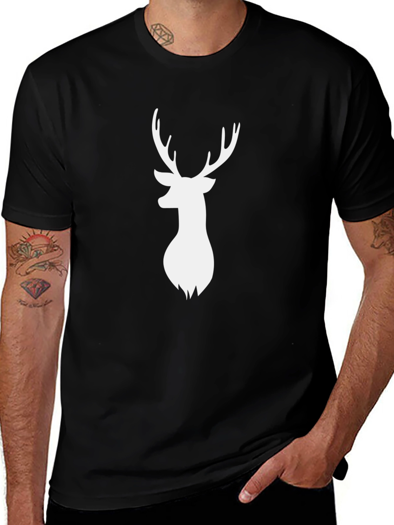 Variant 13 of Men's Black T-Shirt with White Deer Graphic