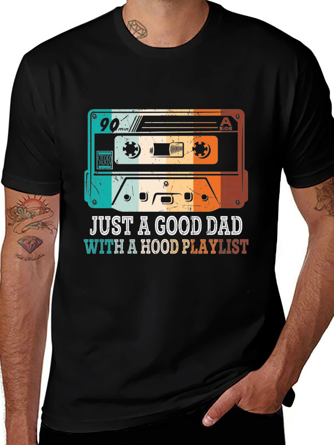 Variant 17 of Retro Cassette Tape T-Shirt - Just A Good Dad with Hood Playlist