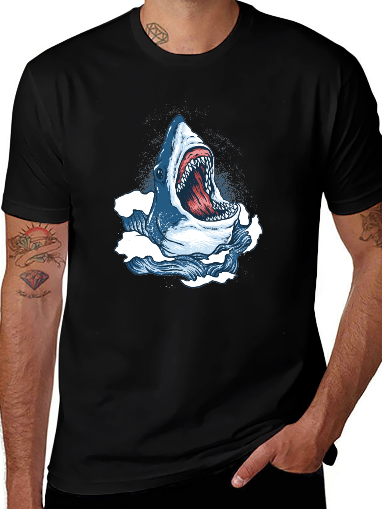 Variant 22 of Shark Attack Graphic Tee - Bold Black Cotton T-Shirt