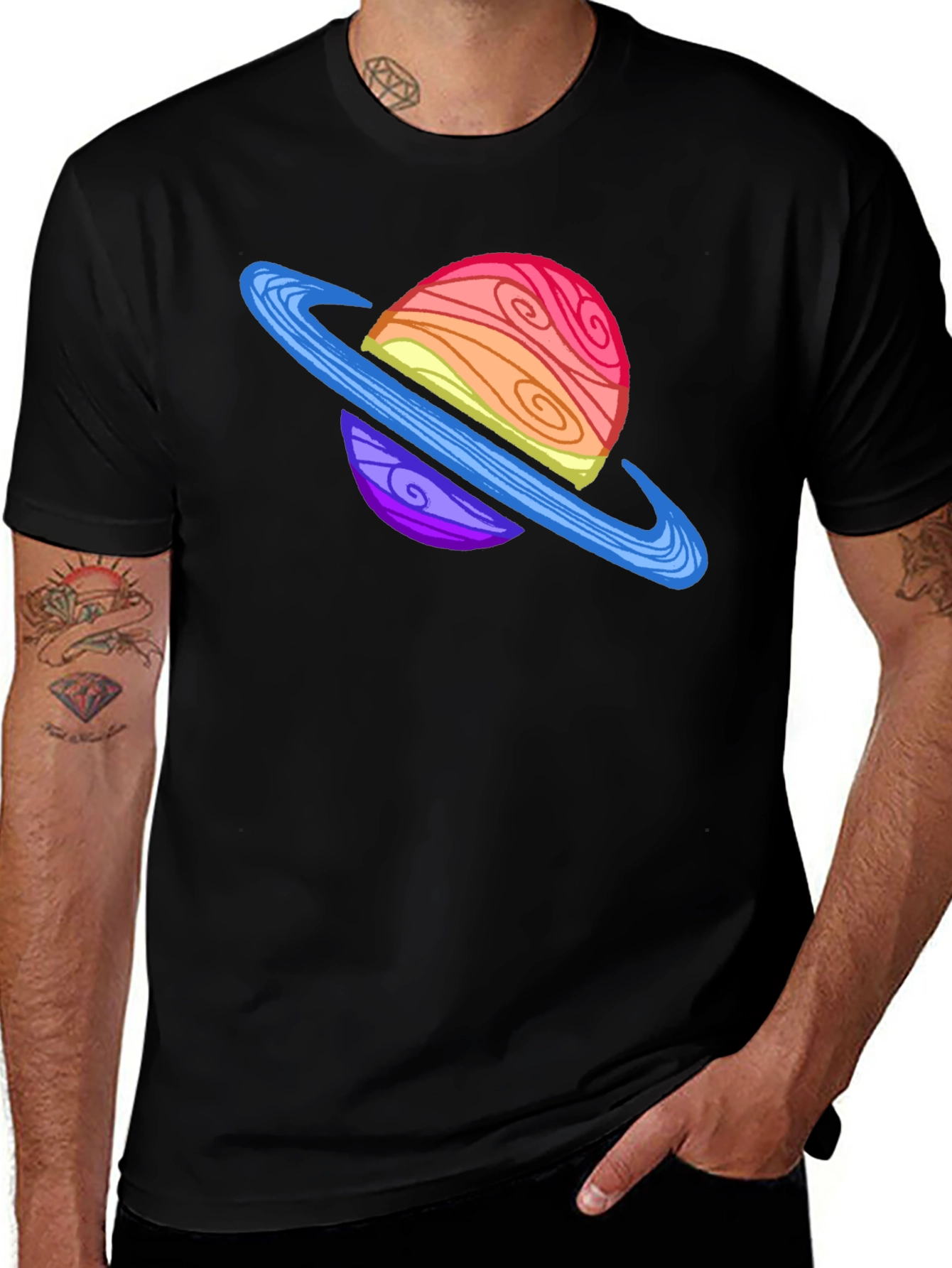 Black Cartoon Planet Graphic Tee - Black Crew Neck T-Shirt main image