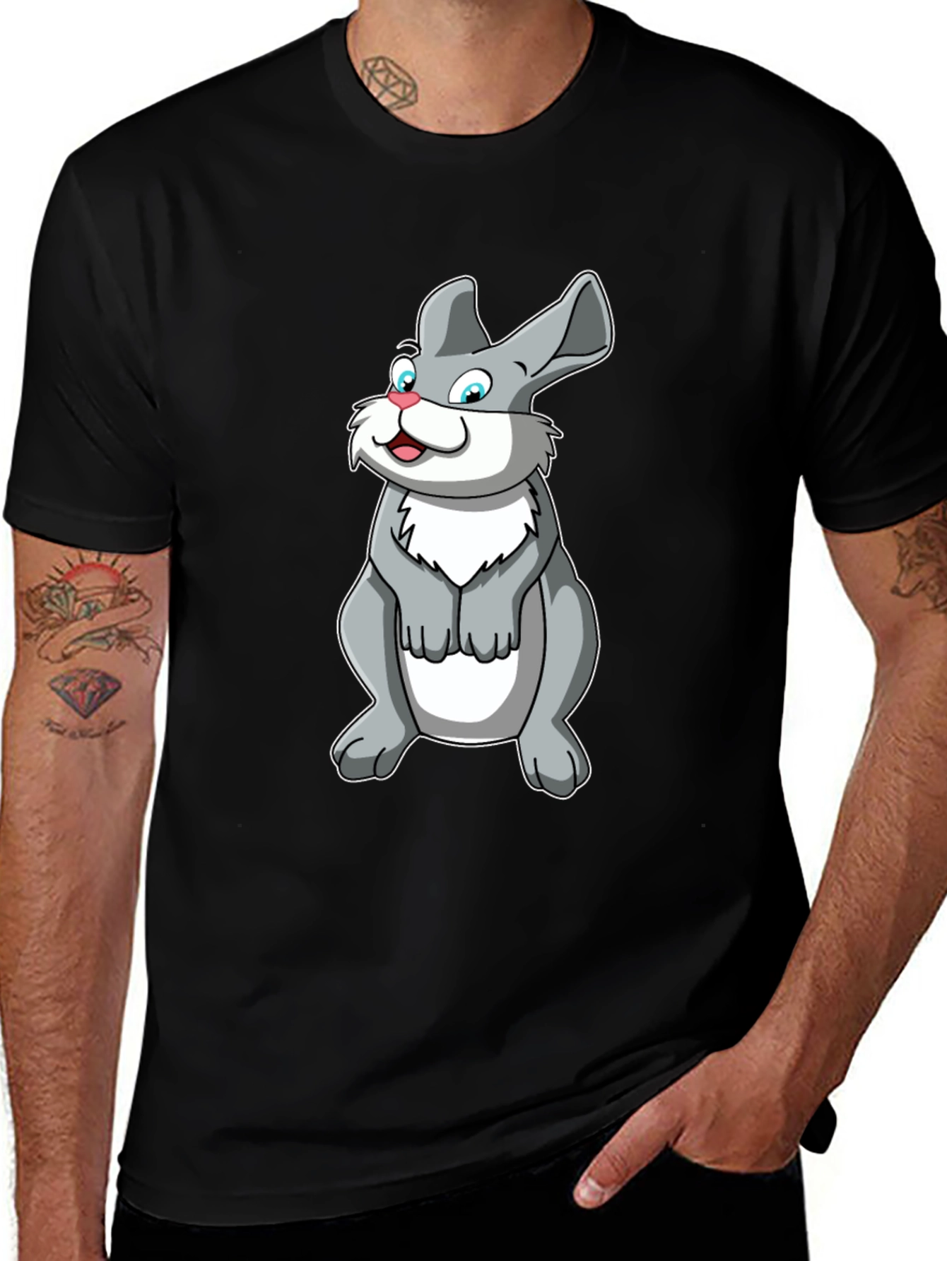Variant 18 of Cartoon Rabbit Graphic Tee - Black Short Sleeve Shirt