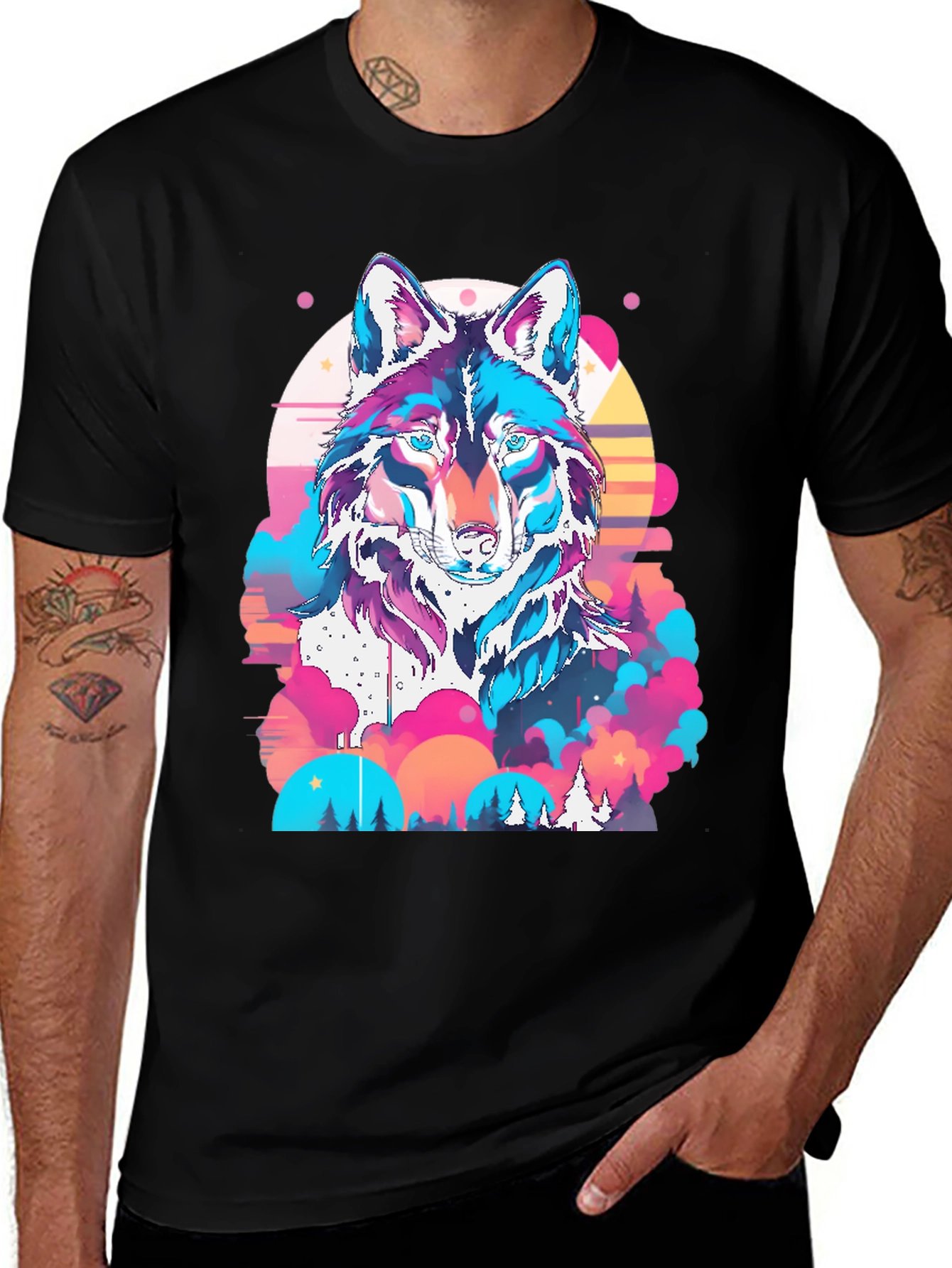 Variant 16 of Colorful Wolf Graphic Print Black T-Shirt