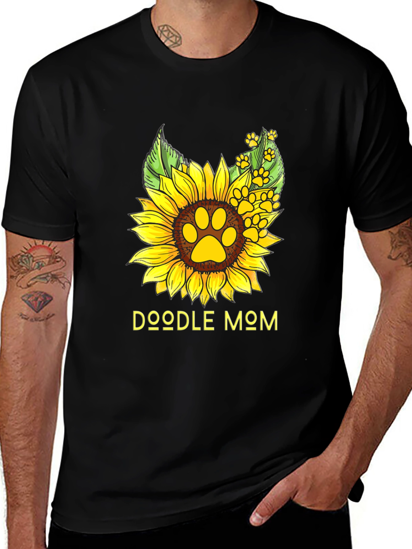 Doodle Mom Sunflower Paw Print Black T-Shirt