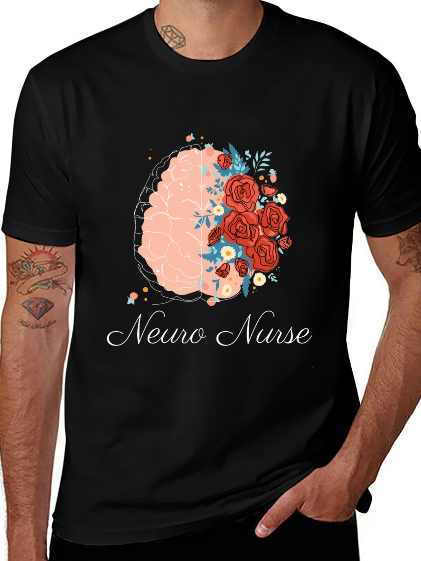 Neuro Nurse Floral Brain T-Shirt - Black