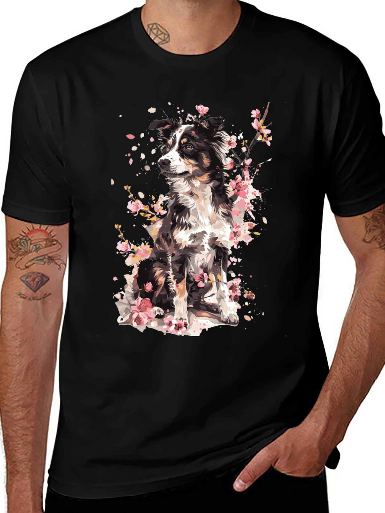 Variant 8 of Dog & Cherry Blossom Graphic Tee - Casual Comfort