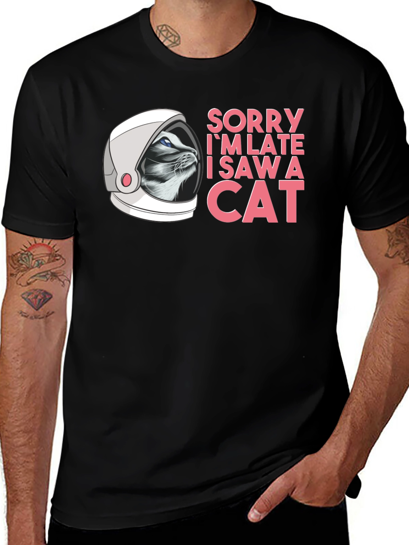 Variant 6 of Sorry I'm Late Cat Astronaut Black T-Shirt