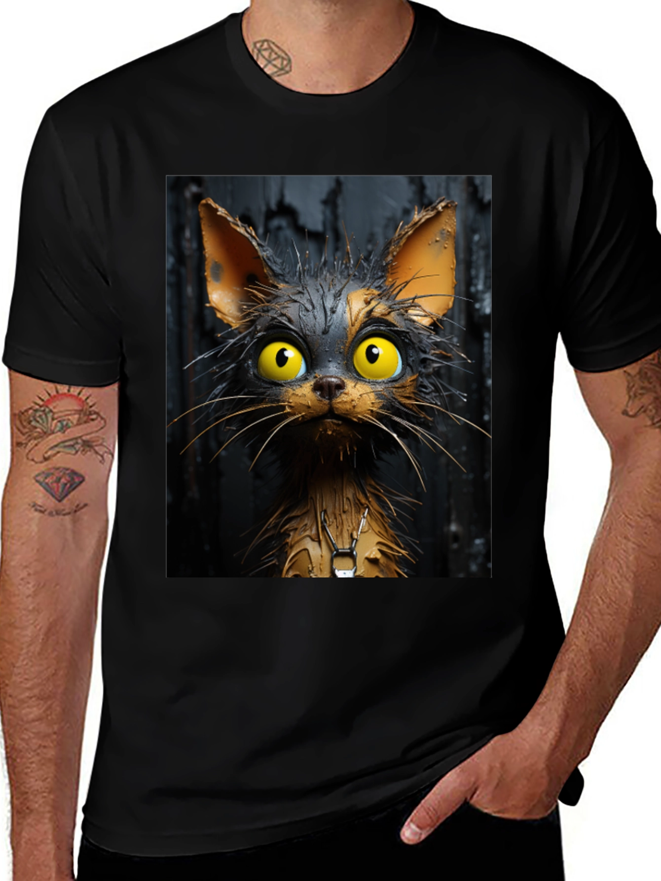 Variant 15 of Cartoon Cat Graphic Tee - Unisex Black T-Shirt