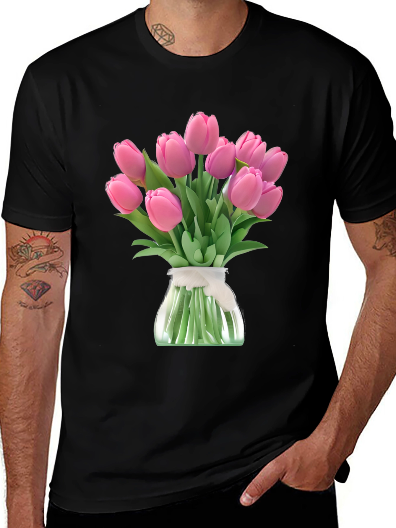 Variant 26 of Pink Tulip Bouquet Black T-Shirt