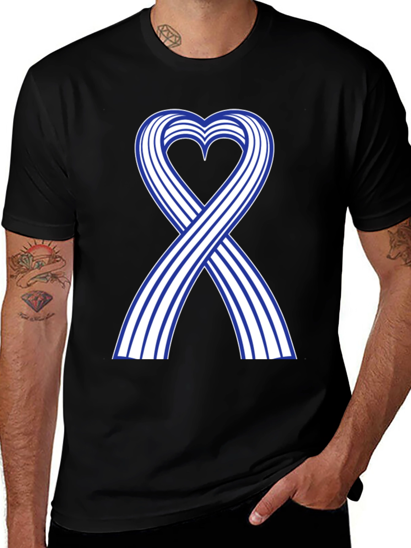 Variant 2 of Blue Stripe Heart Ribbon Black Tee