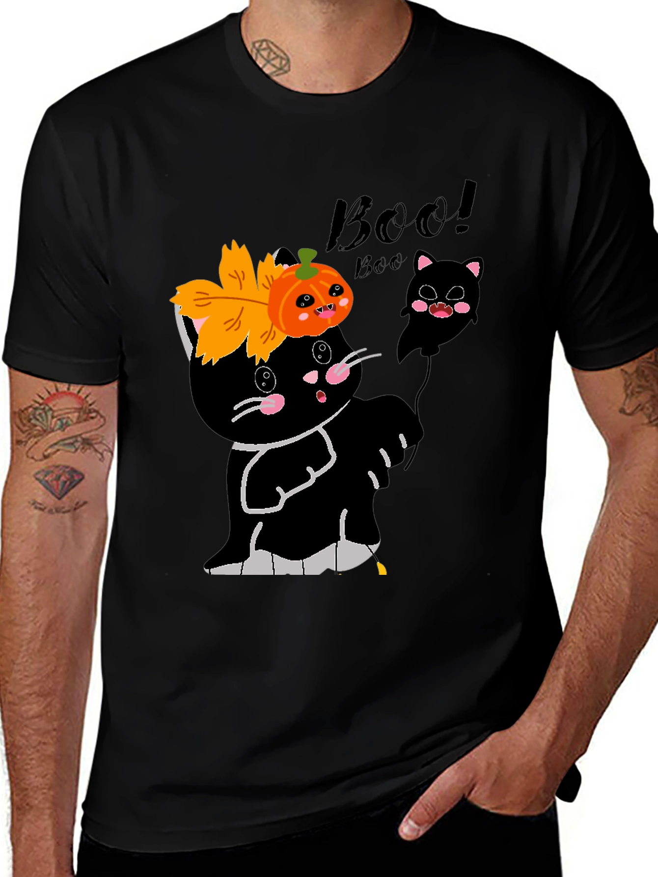 Variant 19 of Cute Halloween Cat Black T-Shirt - Boo!