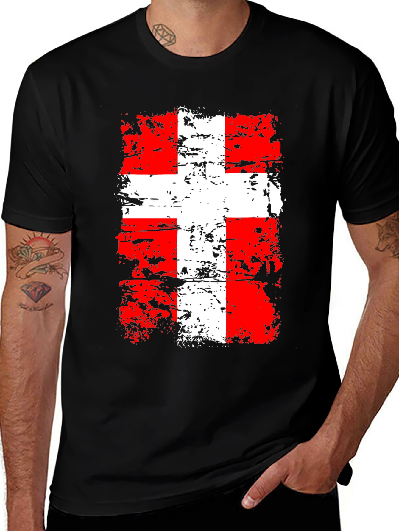 Distressed Swiss Flag Graphic Tee - Black
