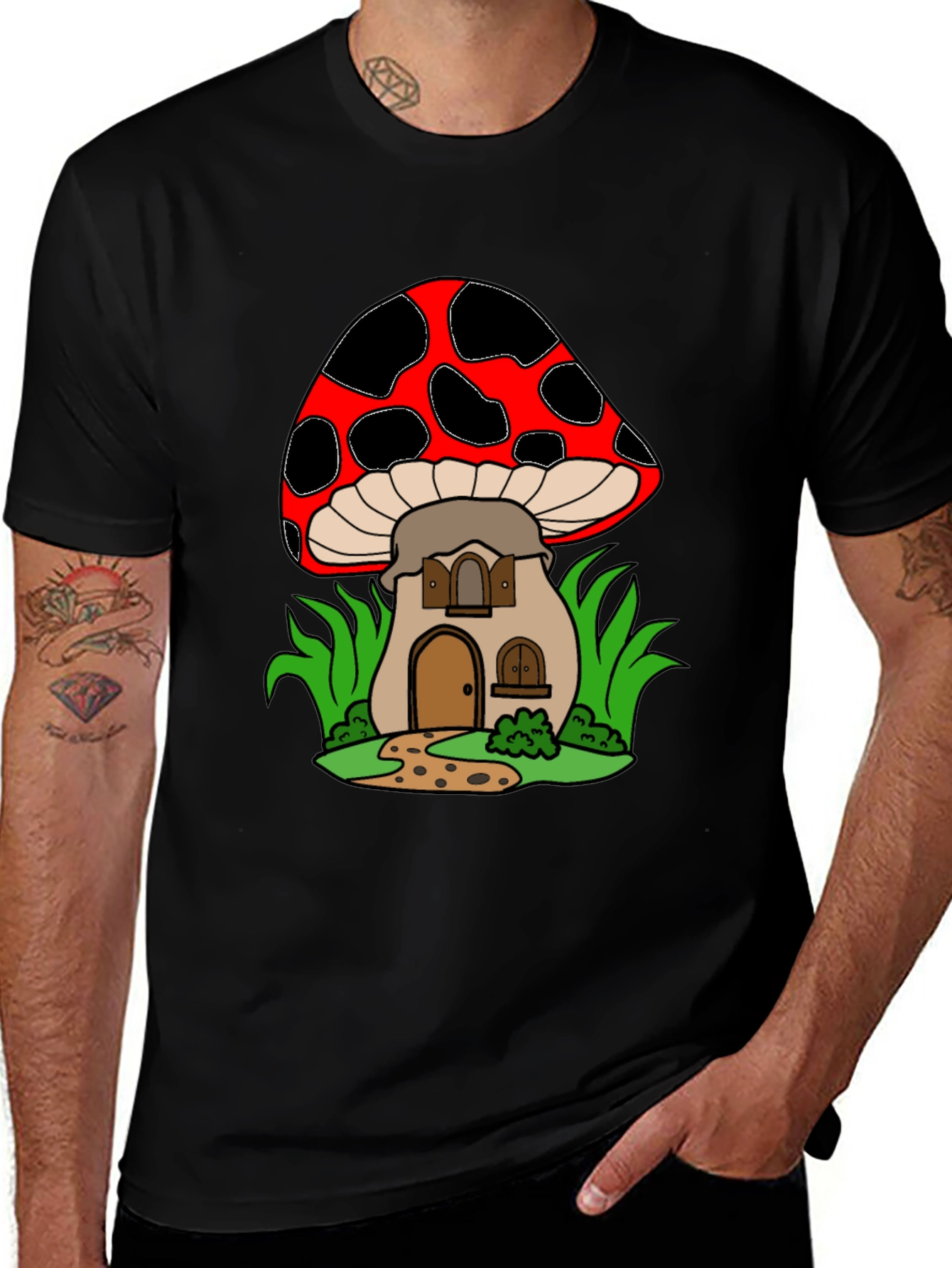 Black Mushroom House Graphic Tee - Quirky Black T-Shirt main image