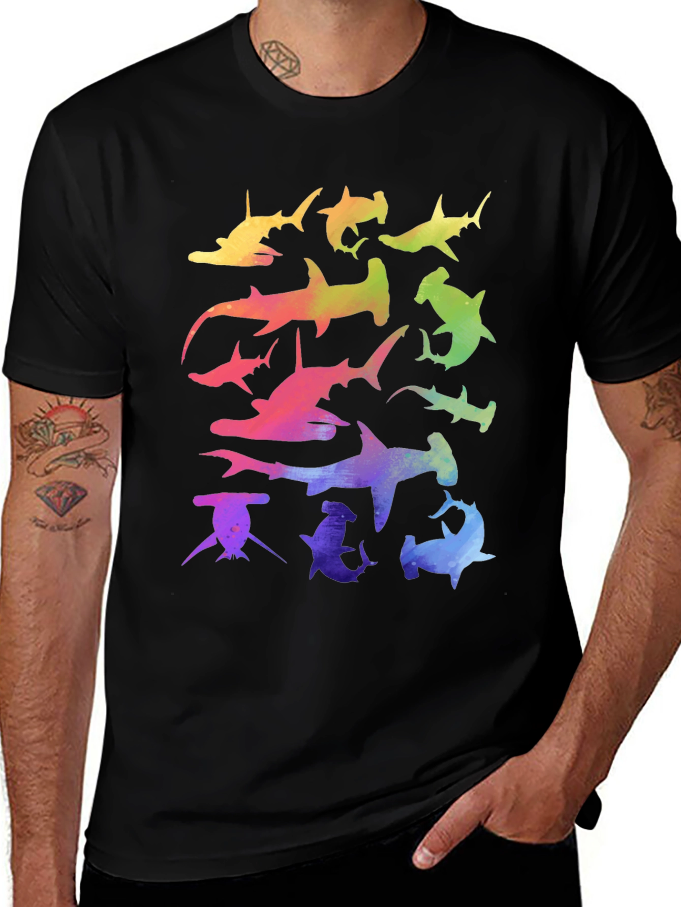 Variant 12 of Rainbow Hammerhead Shark T-Shirt - Men's Black Tee