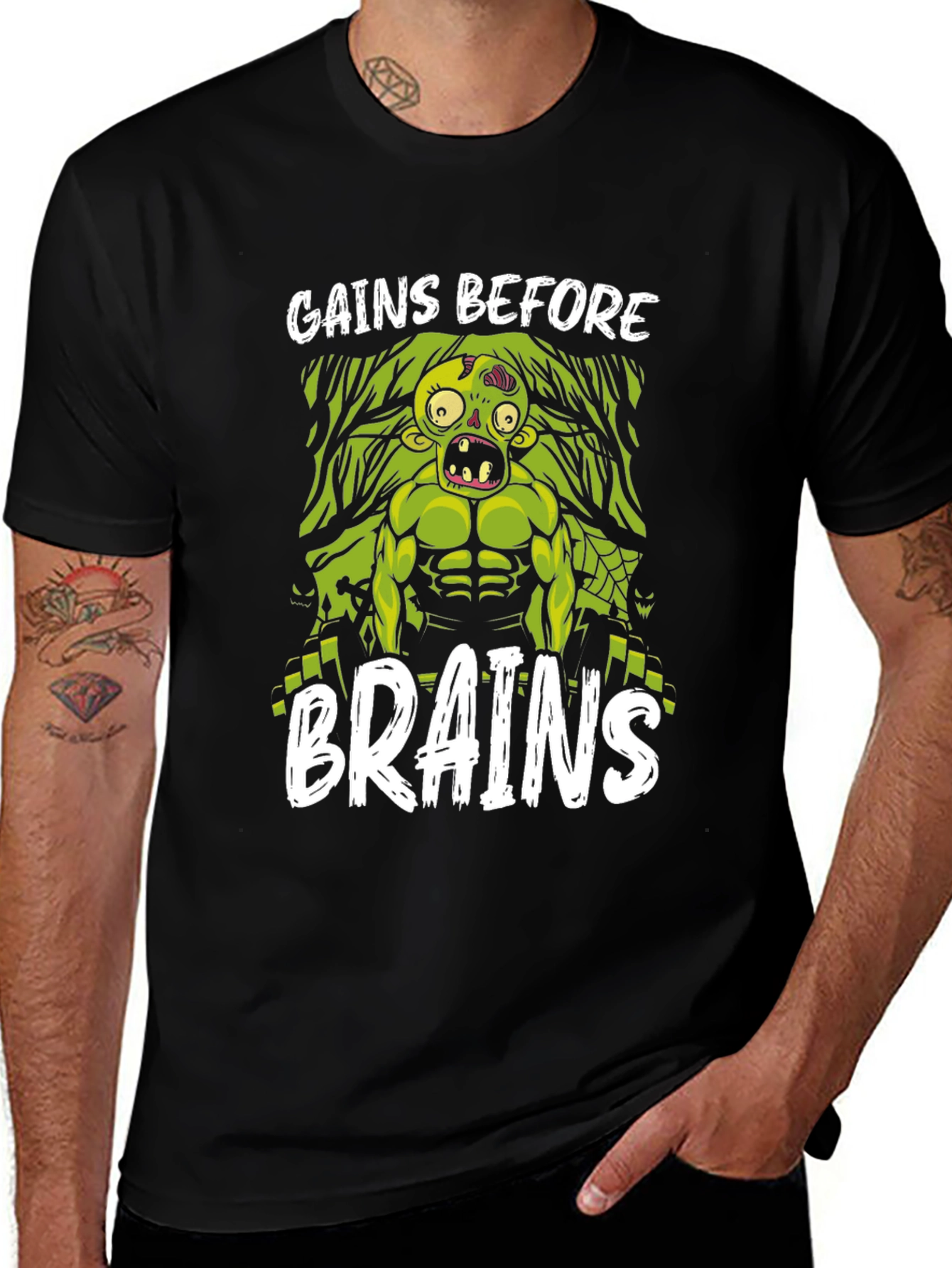 Variant 15 of Gains Before Brains T-Shirt - Zombie Gym Humor