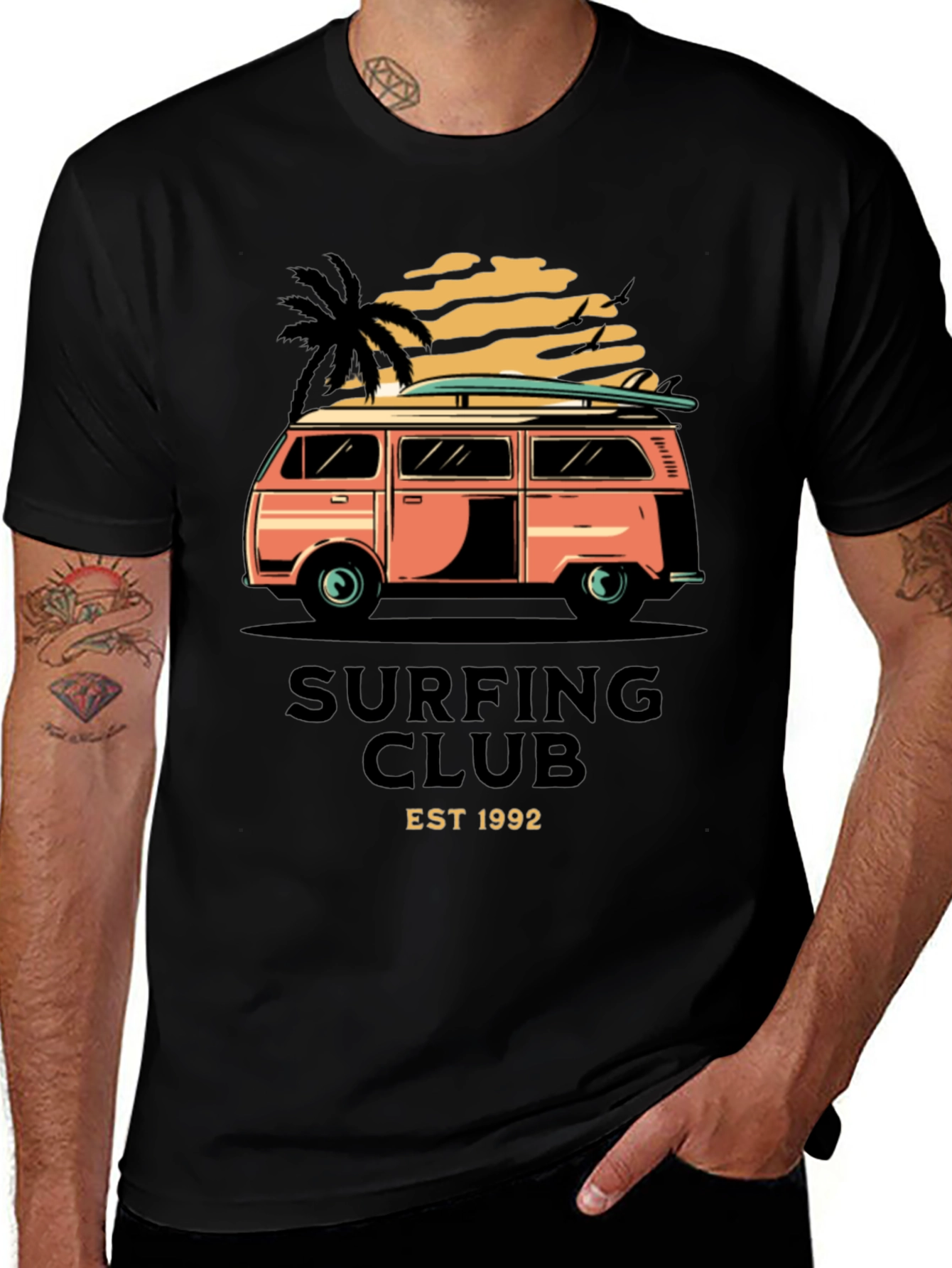 Variant 15 of Surfing Club Tee - Retro Van & Palm Tree Design
