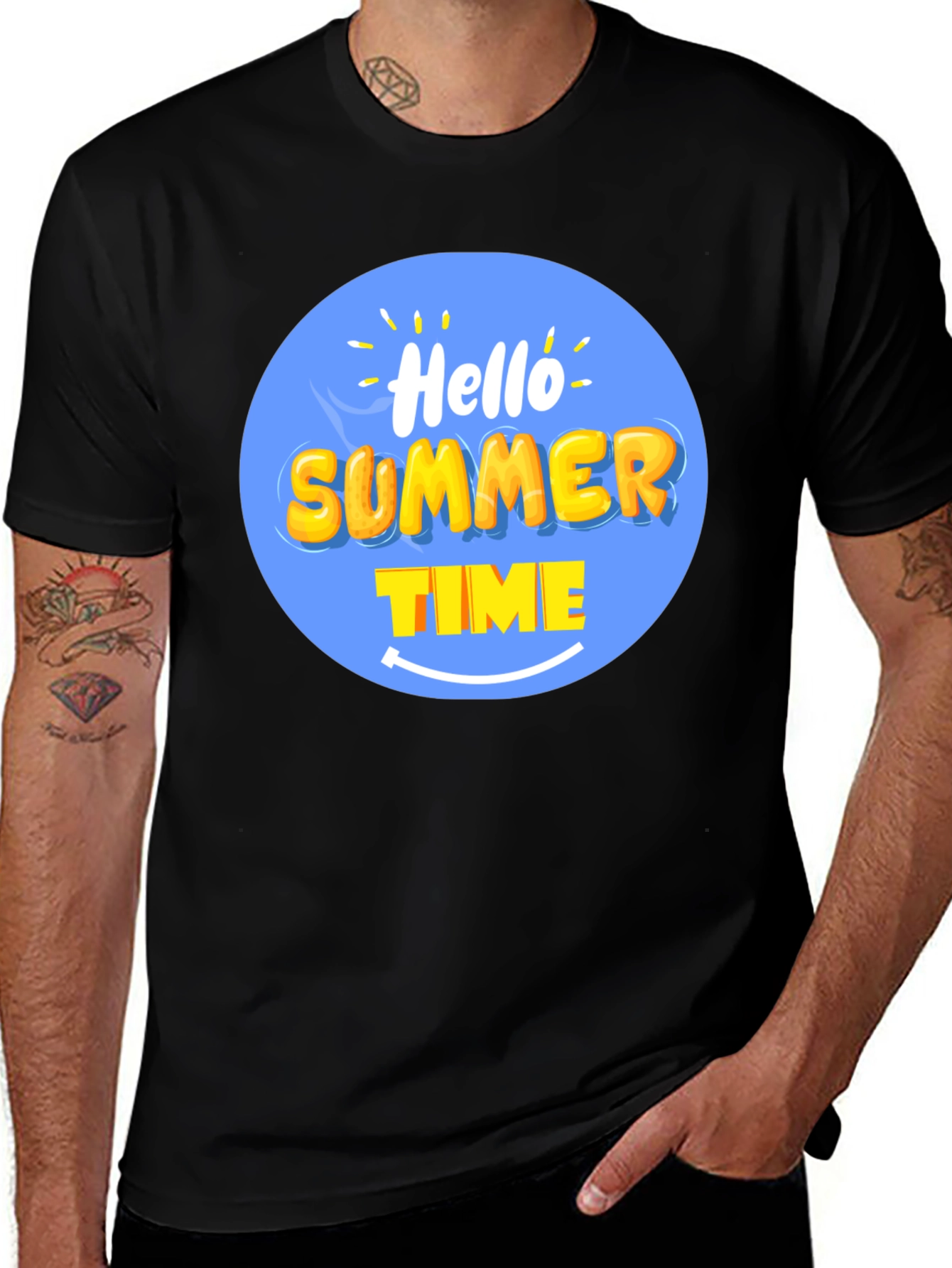 Variant 20 of Hello Summer Time Graphic Tee - Black Cotton Blend T-Shirt