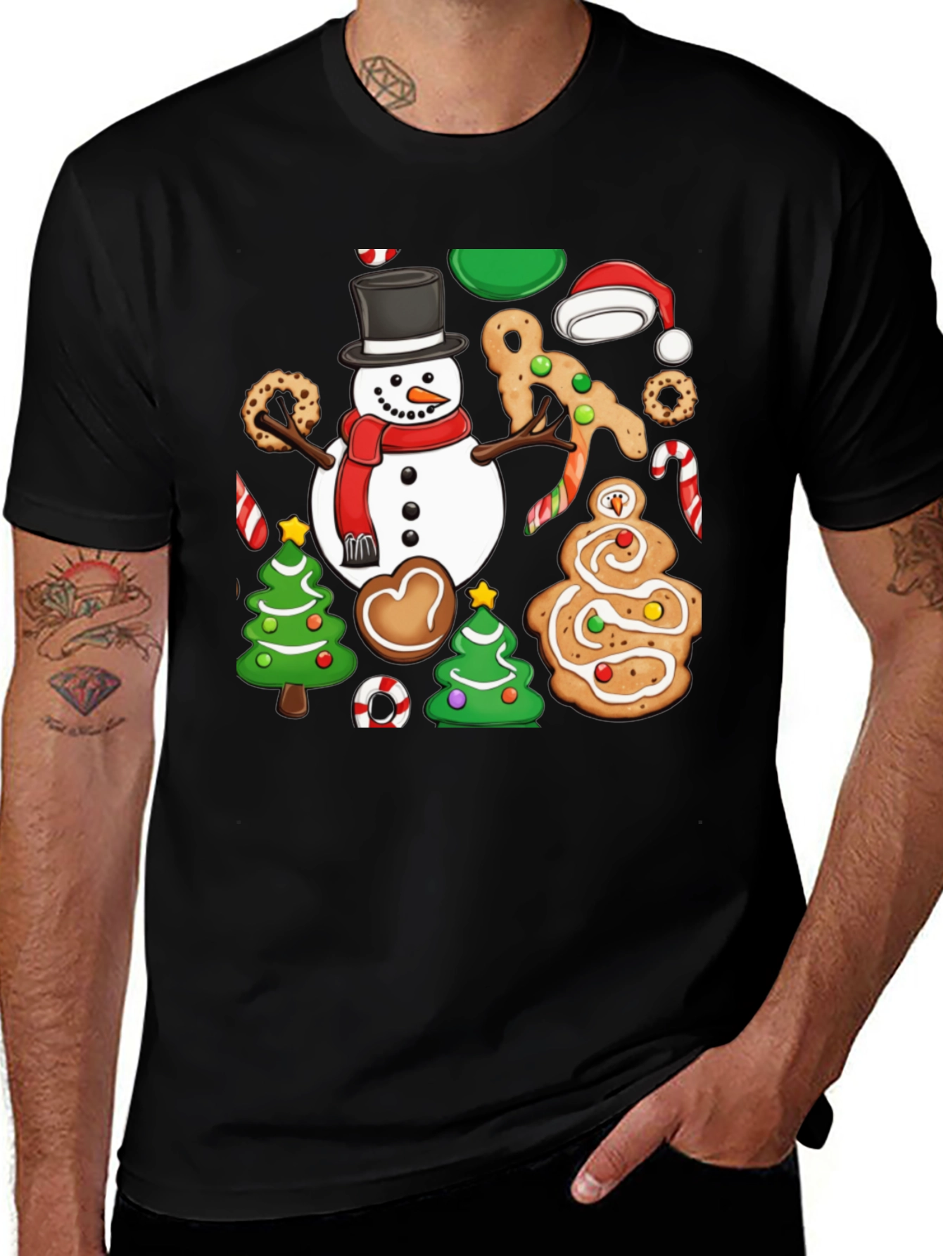 Festive Christmas Cookie & Snowman Graphic T-Shirt