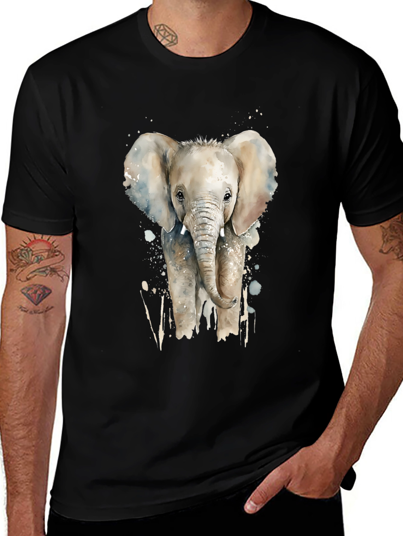 Variant 15 of Elephant Watercolor Graphic Tee - Black