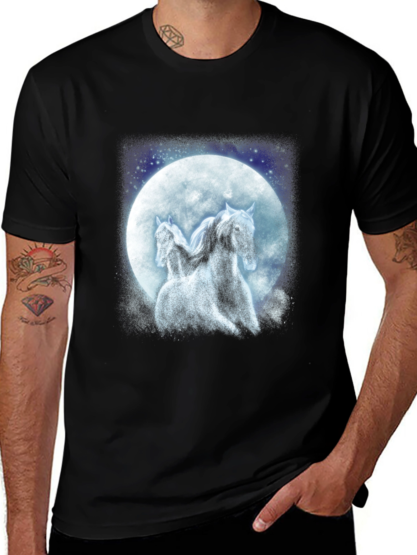 Moonlit Horses Graphic Tee - Black Cotton