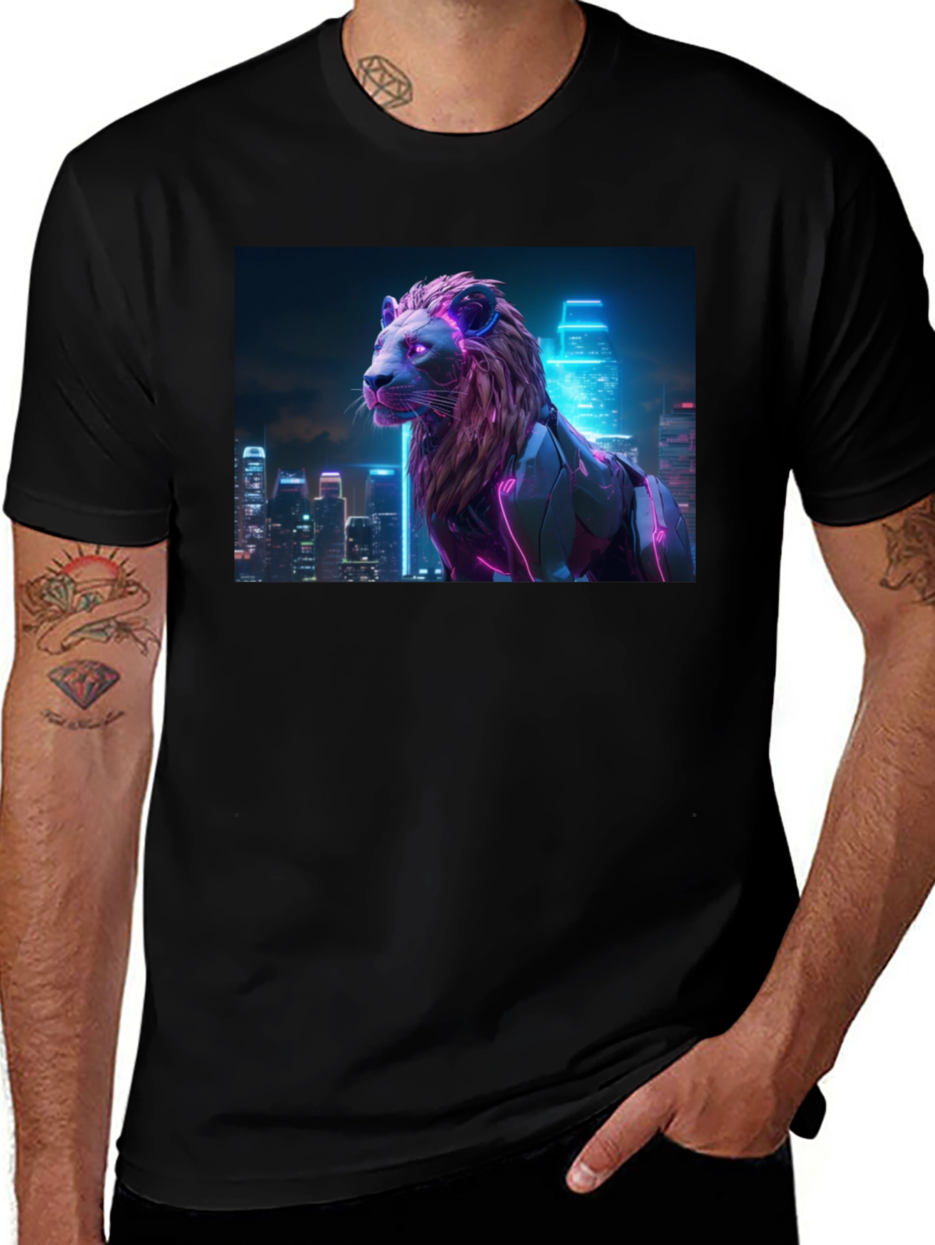 Variant 25 of Cyberpunk Lion Graphic Tee - Black