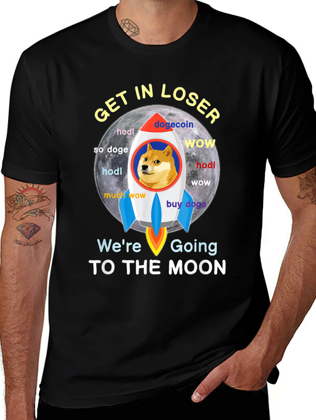 Dogecoin Rocket to the Moon Black T-Shirt