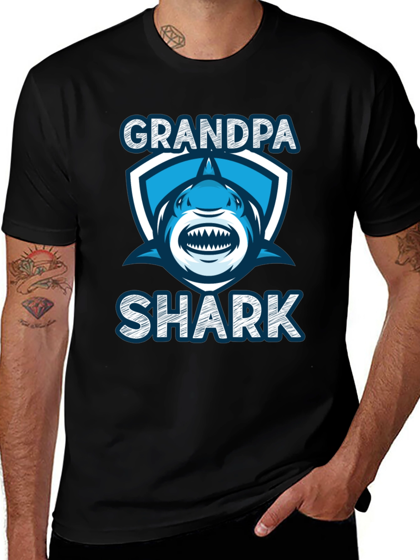 Grandpa Shark Graphic Tee - Black Cotton T-Shirt