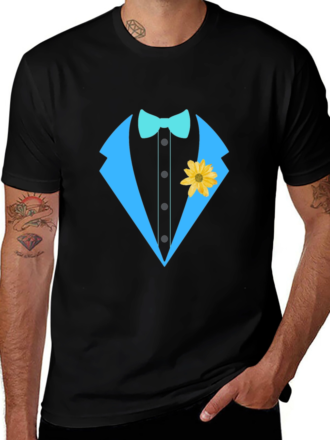 Black Tuxedo T-Shirt with Bowtie and Flower main image