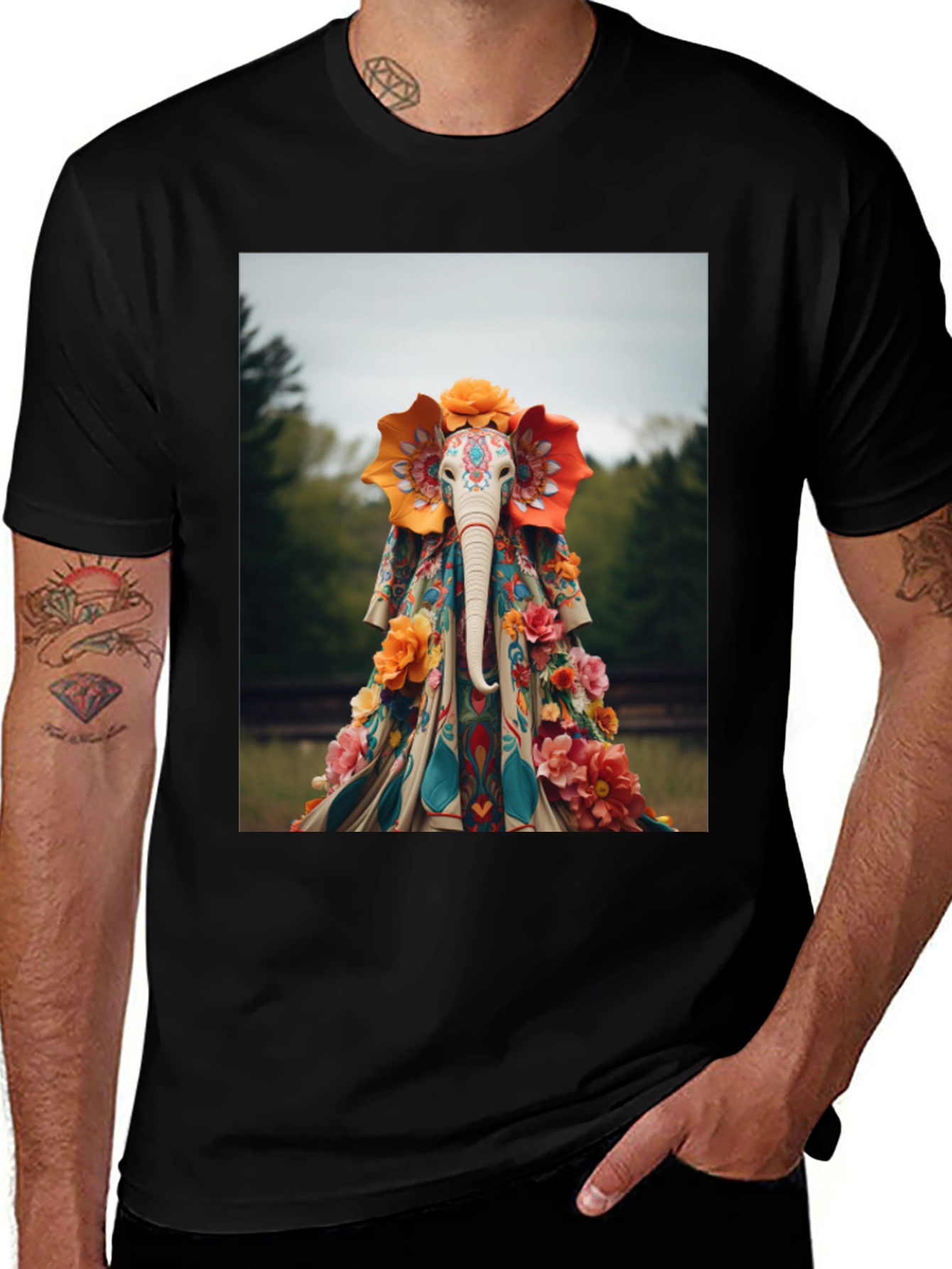 Variant 23 of Elephant Floral Art Black T-Shirt